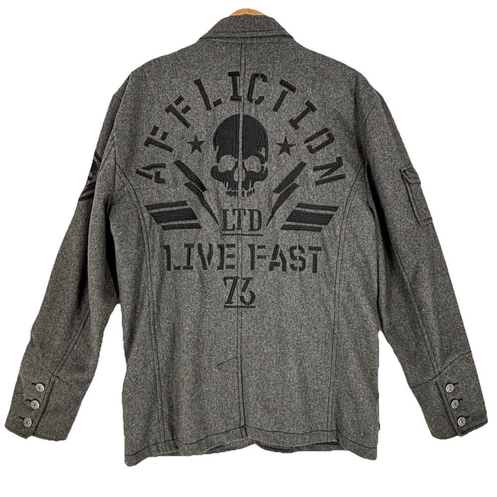 Affliction Black Premium Wool Blend Jacket Skulls Size XL Vintage Y2K Live Fast